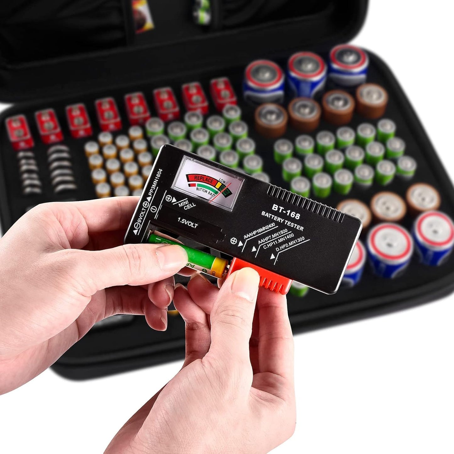Hard Battery Organizer Storage Box, Carrying Case Bag Holder - Holds 148 Batteries AA AAA C D 9V - with Battery Tester BT-168 (Batteries Are Not Included)